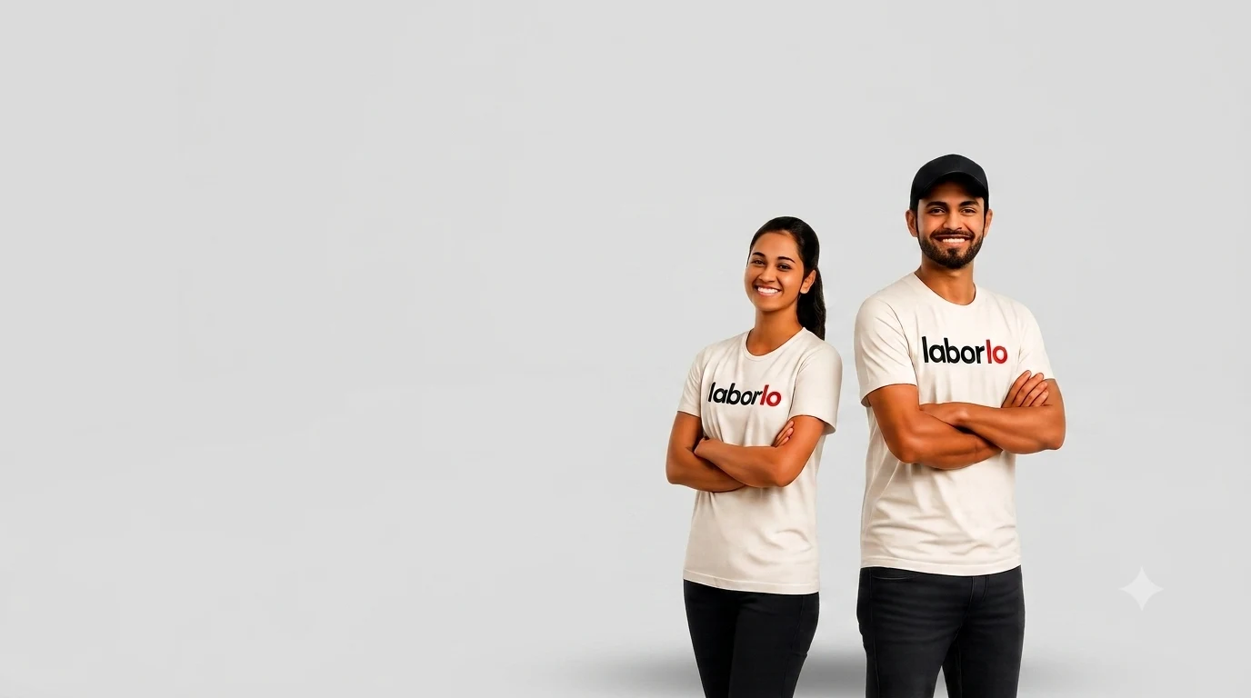 Two workers wearing Laborlo shirts and ready for an assignment