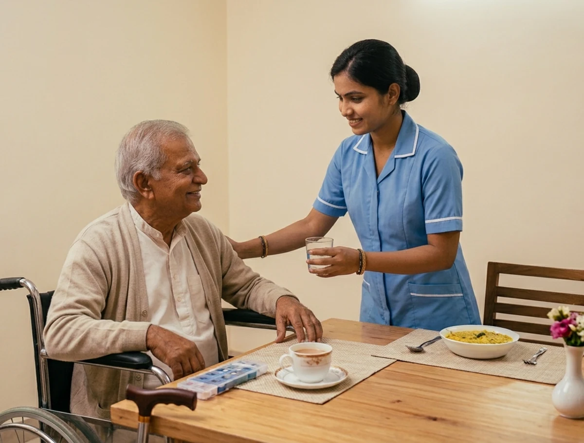 A care taker assisting an older man at home