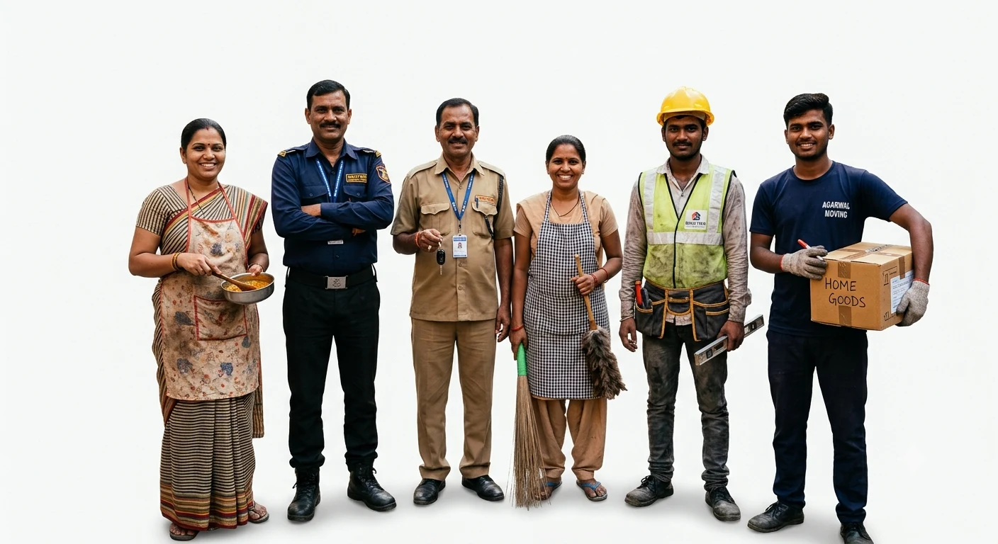 A diverse group of service, security, construction and moving workers