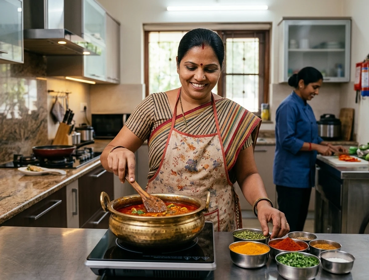 Two women preparing food in a kitchen